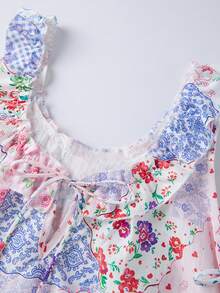 Women Floral Sleep Dress Loose Ruffle Trim V Neck Sleeveless Mini Pajama Dress Casual Summer Sleepwear - Rosa - Ver 7