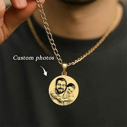 1pc Stainless Steel Custom Round Engraved Photo Pendant Necklace, Custom Parents, Couple And Children Photo Necklace, Commemorative Gift For Family Perfect Birthday Celebration, Fashion Versatile Necklace, Custom Photo Necklace, Mother's Day Gift, Easter Gift, Custom Gift, Personalized Necklace, Father's Day Gift