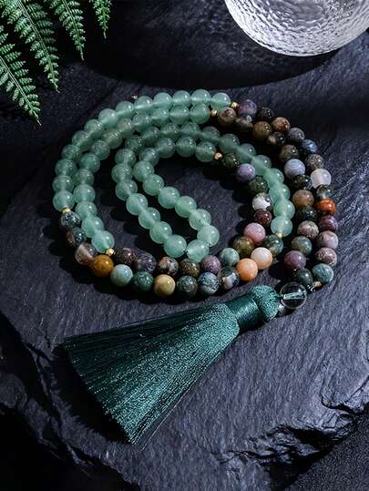 Dây chuyền hạt cườm phong cách Boho 8MM, hạt đá Aventurine xanh và Agate, 108 hạt, kiểu chuỗi hạt cầu nguyện, trang sức tâm linh, yoga, thiền định dành cho phụ nữ và nam giới.