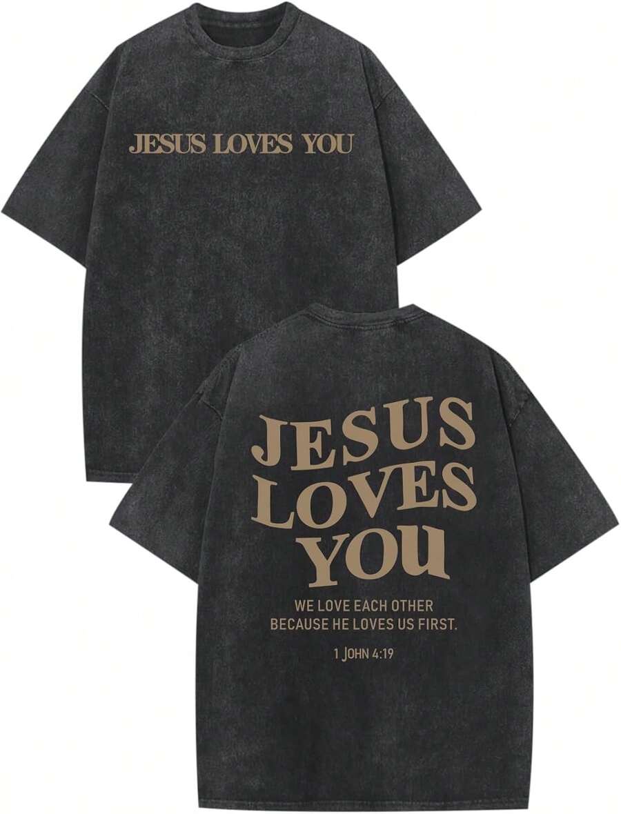 [100% Cotton]  Christian Jesus Loves You Shirts For Men Religious Oversized  Jesus Faith Acid Wash T Shirt God Top- Unisex Women's & Men's Campus Daily Wear - 黑色 - 查看 1