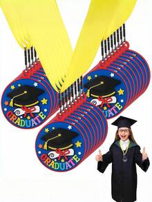 10pcs Preschool Children's Graduation Medals With Yellow Lanyards, 2 Inches, Suitable For Student Graduation Party Supplies - Multicolor - View 1