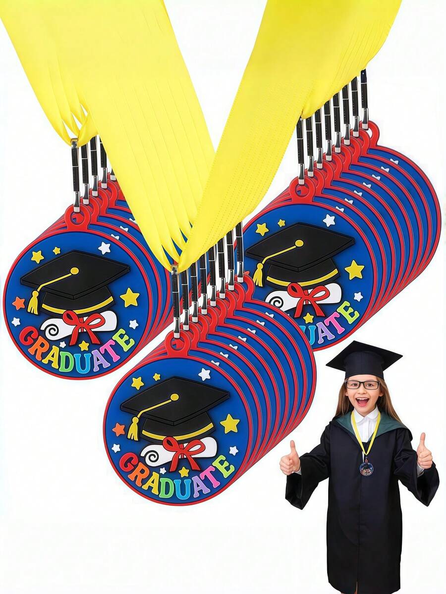 10pcs Preschool Children's Graduation Medals With Yellow Lanyards, 2 Inches, Suitable For Student Graduation Party Supplies - Multicolor - View 1