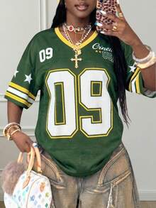 女士复古美式橄榄球球衣T恤，宽松网眼V领运动上衣，街头风穿搭 - 彩色 - 查看 5