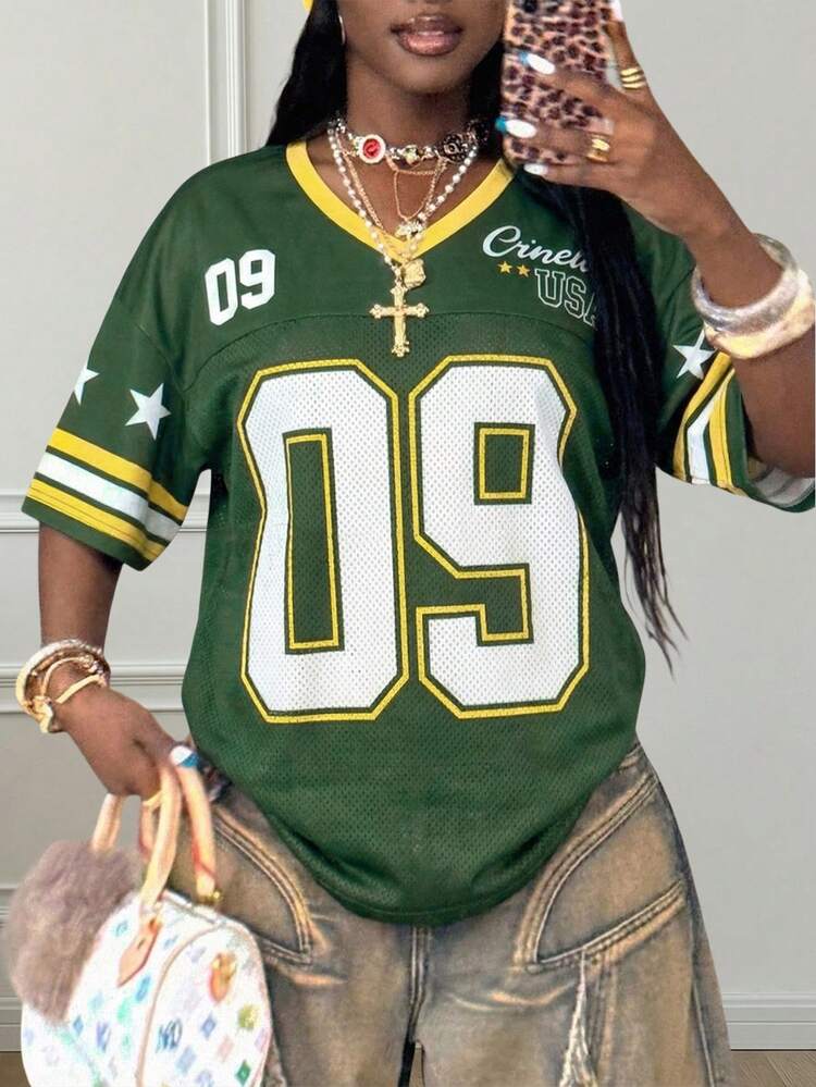 Women's Retro American Football Jersey Tee ,Oversized Mesh V-Neck Sport Top, Streetwear OOTD Casual Summer - Multicolor - View 4