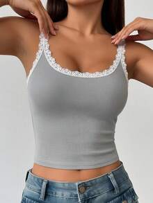 1 pieza Top tipo camiseta con parches de encaje sexy y busto acolchado, top corto de canalé sin mangas ajustado, apto para todas las estaciones - Gris - Ver 5