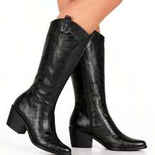 Women's Western Texan Boot Via Birigui Croco Mid-Calf Chunky Heel - Negro - Ver 2