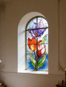 1pc 44.5 X 100cm Floral Colored Glass Window Film, Glueless Window Sticker, Reusable, Comes With Installation Tools, Suitable For Home Decor - B - View 4