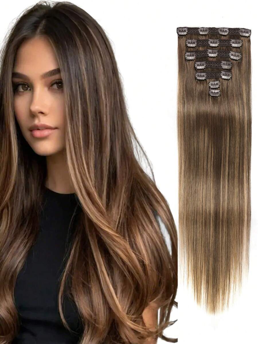 7pcs/Set Clip-In Hair Extensions, Human Hair, #4/27/4 Medium Brown/Chestnut Brown Mixed Straight Hair, Clip-In Human Hair Extensions