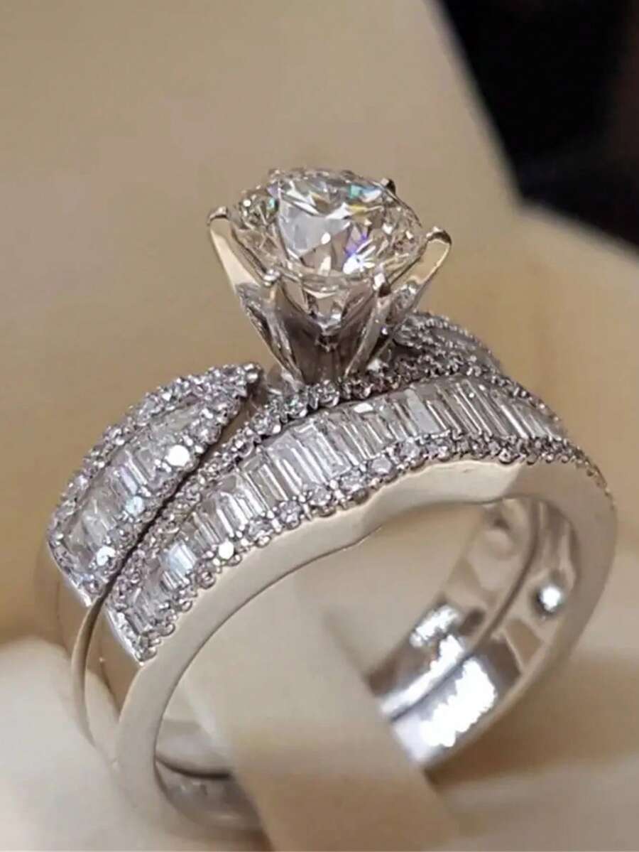 2pcs Luxurious Cubic Zirconia Stone Rings, Suitable For Women, Ideal For Weddings, Engagements, Anniversary Parties, Valentine's Day Gifts - Silver - View 1