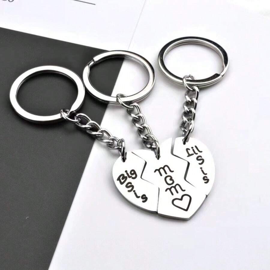 3pcs/Set Mother & Daughter Heart-Shaped Keychain, Stainless Steel Engraved "Big Sis/Mom/Lil Sis", Family Commemorative Pendant