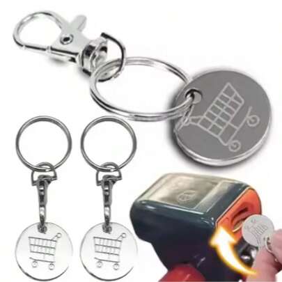 金属购物车钥匙扣；可重复使用的超市购物车钥匙扣（刻有购物车图案）；便携耐用的购物车解锁工具（带龙虾扣）；日常购物的实用配件；适合超市购物、旅行、母亲节礼物、毕业纪念品和暑假；四季皆宜；通勤族、购物者和旅行者的理想之选。