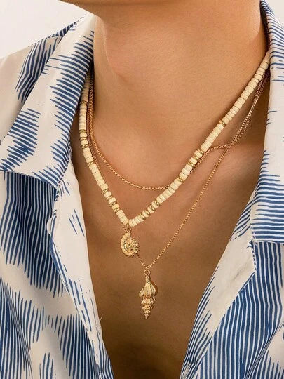 Bộ 3 dây chuyền mặt vỏ dừa và vỏ sò phong cách Bohemian dành cho nam giới, kiểu dây chuyền nhiều lớp.