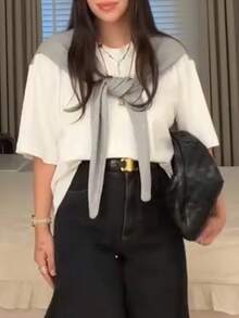 女士休闲拼接披肩领短袖宽松T恤上衣,纯色针织面料,通勤及日常穿着,春夏款 - 白色 - 查看 5