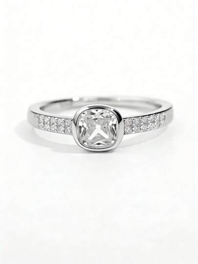 1 pieza Anillo de diseño de piedra cuadrada principal con incrustaciones de doble capa de circonita cúbica de plata esterlina 925 de moda y personalidad brillante, regalo ideal para mujeres, adecuado para citas, fiestas y uso diario
