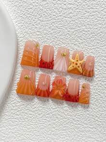 10Pcs Oceanic Fairytale Style Handmade Nail Art Set,Polygel Nail Set,Starfish, Seashells Nail Art Accessories,Includes Nail Tools,3 Sizes Available,Almond Nails , Duck Nails,Coffin Nails For Party, Dance, Daily Wear. - 彩色 - 查看 2