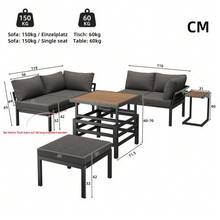 Garden Furniture Set (2 Double Sofas Plus 1 Footstool), 1 Plastic Table With Lift-Up Top, Frame Made Of Galvanized Iron, Including Seat Cushions And Pillows, With Small Side Table, Small Extendable Tabletop - Grey - View 2