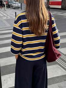 Nuova t-shirt casual elegante e alla moda, a maniche corte, con righe lavorate a maglia, collo a girocollo, adatta per uso quotidiano, scuola, vacanza, brunch estivo - Giallo - Visualizzare 2