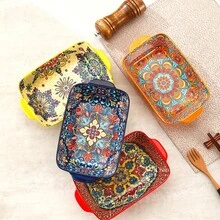 2 件套 16.9 盎司波西米亚风格长方形烤盘，带把手，不粘陶瓷材质，适用于烹饪、烘焙、砂锅菜、沙拉等，复古多色厨房用具，可用于烤箱和洗碗机，是绝佳的圣诞礼物 - 組合 - 查看 9