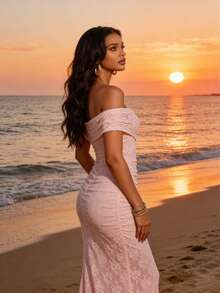 Women's Elegant Fashionable Lace Ruffle Slit Bodycon Off Shoulder Long Party Evening Dress, Suitable For Daily And Special Occasions, Formal, Gown, For Wedding Guest, Valentine's Day Spring Pink - Pink - View 8