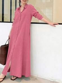 Vestido camisa largo de mujer casual de unicolor con botones delanteros para vacaciones, vestido camisa largo, negro casual, bajo acampanado con botones, manga larga, cuello, vestido camisa de manga larga minimalista con cuello vuelto, vestido suelto y relajado con botones delanteros, bajo acampanado y bolsillos, elegante rosa - Rosa - Ver 3