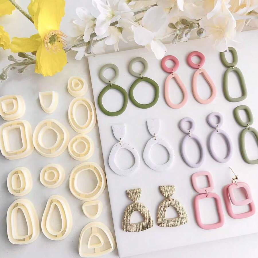 Khuôn cắt gốm hình đường rỗng bất đối xứng, dụng cụ làm khuyên tai, khuôn cắt trang sức thủ công thu nhỏ, khuôn gốm, dụng cụ dập nổi tối giản, khuôn đất sét polymer hoặc đất nặn độ chính xác cao. - trắng - Xem 1