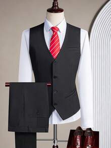 Men's Slim Fit 2 Pieces Suit Vest Pants Set Business Formal Wedding Prom Outfit - Black - View 2