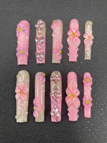 10片装5.5厘米纯手工棺材形美甲贴片，饰有水钻、条纹、水滴和花瓣图案，套装设计，方便美甲使用。适合女性和女孩，是情人节、派对、节日和日常佩戴的理想之选。美甲配件、亚克力美甲套装、手工压制美甲、假指甲贴纸和美甲用品。 - 彩色 - 查看 2