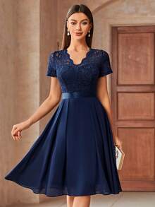 MIUSOL Elegant V-Neck Floral Lace Pleated Hem Chiffon Swing Dress, Suitable For Wedding Guests, Prom, Graduation Ceremony Summer - Navy Blue - View 2