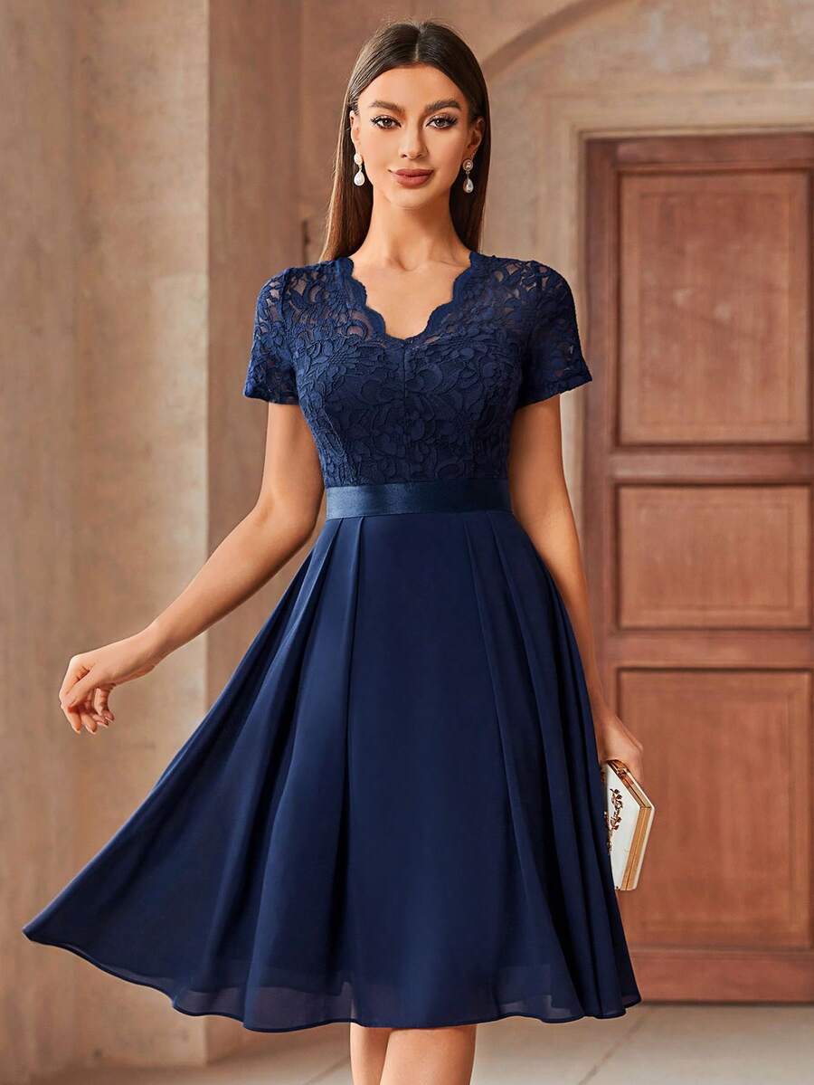 MIUSOL Elegant V-Neck Floral Lace Pleated Hem Chiffon Swing Dress, Suitable For Wedding Guests, Prom, Graduation Ceremony Summer