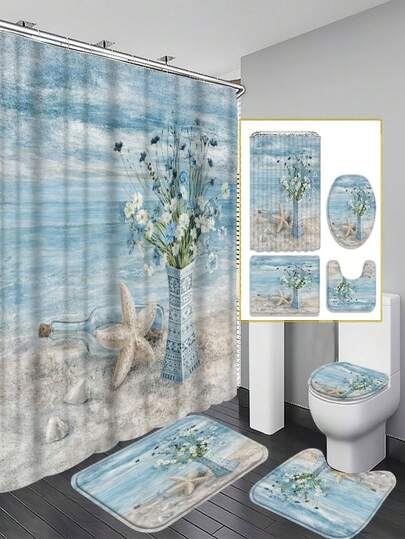 1/4 沙滩花瓶、海星浴帘组合，蓝白沙滩花瓶，野花，浮木瓶，海星贝壳浴室装饰。浴室装饰套装包含带12个挂钩的防水隔断、多功能浴帘、防滑浴垫、U型马桶垫、马桶盖套、浴室装饰、浴室隔断，节日礼物。优雅实用的家居装饰礼品，居家生活必备品。