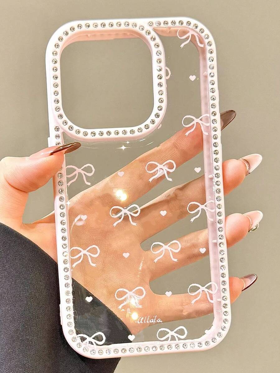 Bow-Knot 1pc Elegant Heart & Bow Rhinestone Trim Smartphone Case, Compatible With IPhone 16 Pro Max, 15 Pro, 14 Pro, 13, 15 Pro Max, 17 Pro Max Protective - Pink - View 1