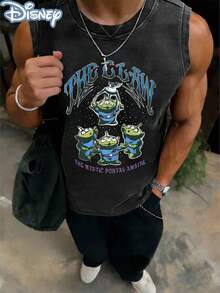 Disney Toy Story Aliens "The Claw" Officially Licensed Men's Sleeveless Graphic Tee, 100% Cotton 230g Washed Vintage Casual Shirt - 黑色 - 查看 3