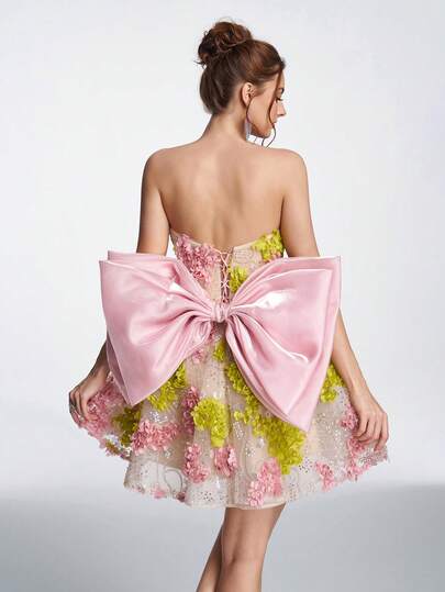 Anymoon Bow Decor Sticker Elegant Spaghetti Strap Formal Dress Wedding Party Pink