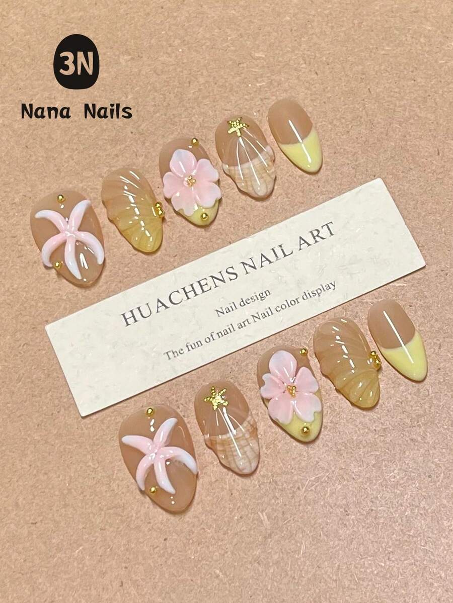 1 Paquete/10 Piezas Uñas Cortas de Almendra, Uñas Postizas de Fantasía para Niñas y Mujeres: Estrella de Mar Rosa Adorable, Conchas Blancas, Estrellas Doradas Brillantes y Perlas sobre Bases Translúcidas Claras y Rosas | Arte de Uñas con Tema Oceánico y de Sirena para Vacaciones, Boda en la Playa, Fiesta de Piscina o Vacaciones Tropicales | Fácil de Aplicar, Uñas Postizas Reutilizables con Formas Cómodas de Almendra y Ovaladas - Amarillo - Ver 1
