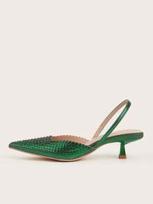Women's Rhinestone Decor Luxury Kitten Heel Pointed Toe Slip-On Sandals, Shiny Material, Fashionable And Elegant For Party And Formal Wear - Green - View 5