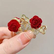 1pc Women's Elegant Red Rose Tassel Crystal Hair Claw Clip, Ideal Gift Choice Summer Outfits Hair Clips Beach Accessories - Red - View 3