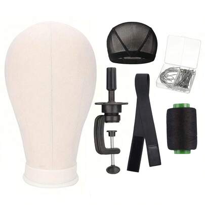 Bộ đầu ma-nơ-canh bằng vải bố 22 inch, mô hình dùng để trưng bày tóc giả, phục vụ việc tết và tạo kiểu tóc, kèm kẹp bàn, lưới tóc thoáng khí, ghim chữ T, ghim chữ C, chỉ, băng chống trượt và các dụng cụ hỗ trợ khác.