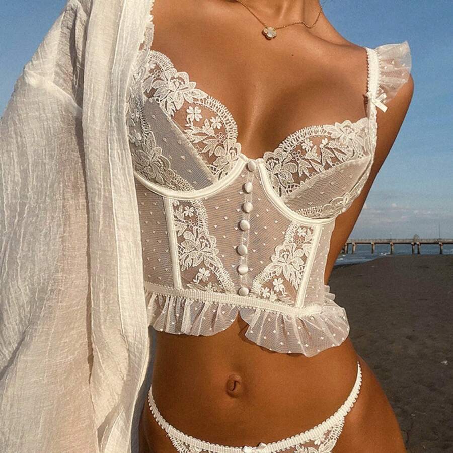 Women's Lace Sheer Corset Bustier Top Floral Embroidered Ruffle Trim Sexy Lingerie - 白色 - 查看 1