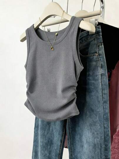 Áo tank top thể thao nữ màu trơn, eo dây rút, không tay, thích hợp cho mùa xuân/hè, đi học, lễ tốt nghiệp, đồng phục giáo viên, trang phục thể thao công sở thường ngày, ở nhà, thời trang đường phố, đi biển, hẹn hò, công sở.