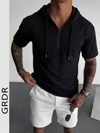  GRDR Black Hooded Short Sleeve T-Shirt, Men's Casual Half-Zip Pullover Hoodie, Brand Versatile