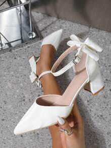 New Spring/Summer Fashion Women's Pointed Toe High Heel Shoes, Hollow Out Thick Heel Bowknot Floral Sandals, Comfortable Casual Shoes For Women - White - View 1