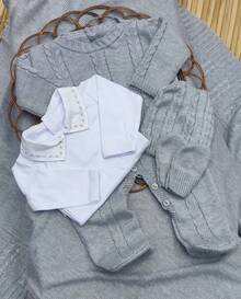 Baby's Going-Home Outfit - Knitted Jumpsuit - 淺灰色 - 查看 1