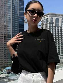 Women's Letter Print Tshirt Colombia, Heart Flag Shortsleeved Round Neck Casual Top, Medium Elastic Breathable Fabric, Machine Washable In Spring And Summer, Suitable For Summer Wear, Comfortable Style,100% Cotton Summer, And Vacation Women's Casual Sleeve T-Shirt, - 黑色 - 查看 3
