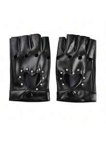1 Pair Women's Multi-Color Hollow Rivet Non-Slip Breathable Short PU Punk Half Finger Gloves, Suitable For Stage Performance, Street Dance, Motorcycle Riding,Travel,Festival - Multicolor - View 9