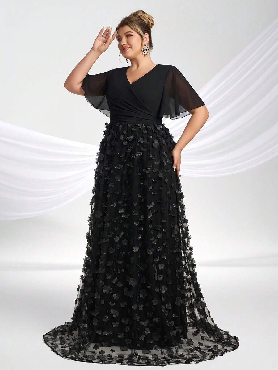 YISIKADO Plus Size Women's 3D Floral Premium Evening Gown With Bow Short Sleeve V-Neck Long Dress Elegant Formal Evening Party Wedding Guest Summer Dress - Black - View 1