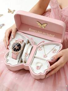 Bộ 6/5 món đồng hồ thạch anh mặt bướm thanh lịch, tinh tế với dây đeo da PU, kèm theo bộ trang sức vòng cổ, vòng tay, nhẫn và bông tai hình bướm đính ngọc trai duyên dáng, thích hợp cho các bạn nữ đeo trong các dịp sinh nhật, ngày lễ, lễ tốt nghiệp, sự kiện trường học, lễ kỷ niệm gia đình, Ngày của Mẹ, quà tặng tốt nghiệp. - Nhiều màu - Xem 1