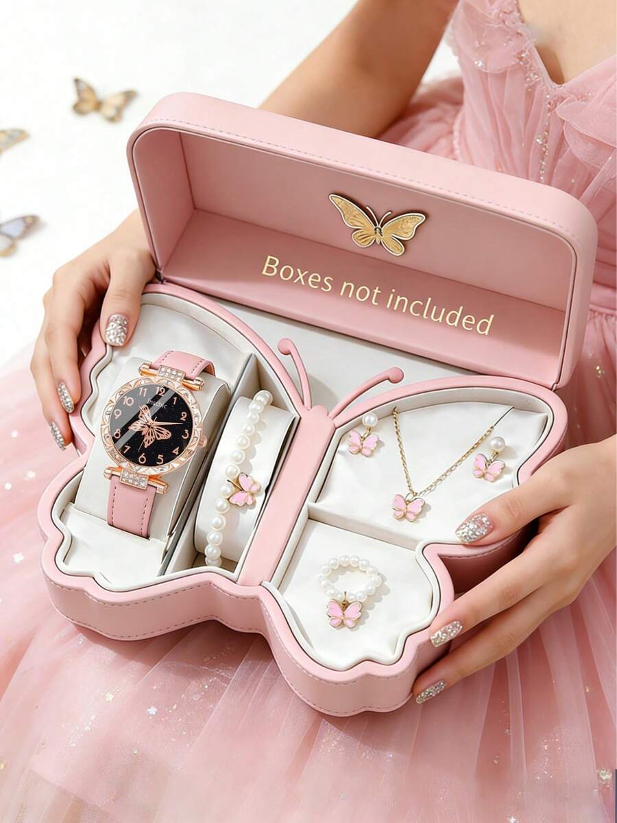 Bộ 6/5 món đồng hồ thạch anh mặt bướm thanh lịch, tinh tế với dây đeo da PU, kèm theo bộ trang sức vòng cổ, vòng tay, nhẫn và bông tai hình bướm đính ngọc trai duyên dáng, thích hợp cho các bạn nữ đeo trong các dịp sinh nhật, ngày lễ, lễ tốt nghiệp, sự kiện trường học, lễ kỷ niệm gia đình, Ngày của Mẹ, quà tặng tốt nghiệp. - Nhiều màu - Xem 1