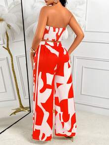 AIJ Amarilo Women 2 Pieces Set: Strapless Ruched Top With Printed Pattern & Wide Leg Pants, Suitable For Summer Vacation, Beach And Party - Red - View 2