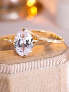 Vanel Bộ nhẫn cưới sang trọng màu vàng kim hình bầu dục cắt giác, đính đá Cubic Zirconia trắng, dành cho nữ, kiểu dáng thanh mảnh, trang sức thời trang nổi bật cho đám cưới và đeo hàng ngày. - vàng trắng - Xem 4