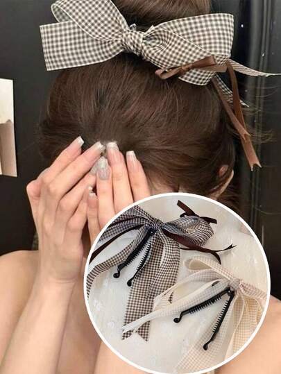 1pc Cute Retro Plaid Bow Hair Clip, School Girl Style Pigtail Hair Accessory For Women
